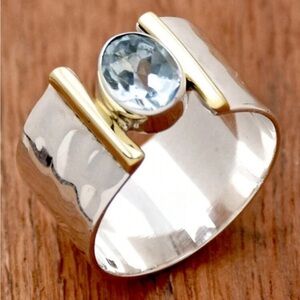 Silver and Gold Ring with Blue Gemstone